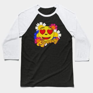 Groovy happy face with flowers Baseball T-Shirt